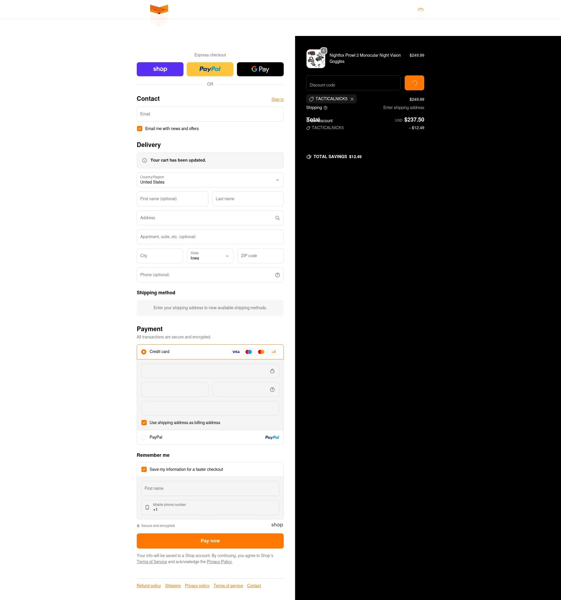 Nightfox checkout page showing Nightfox promo code box | Screenshot taken by SimplyCodes community member on Dec 27, 2025