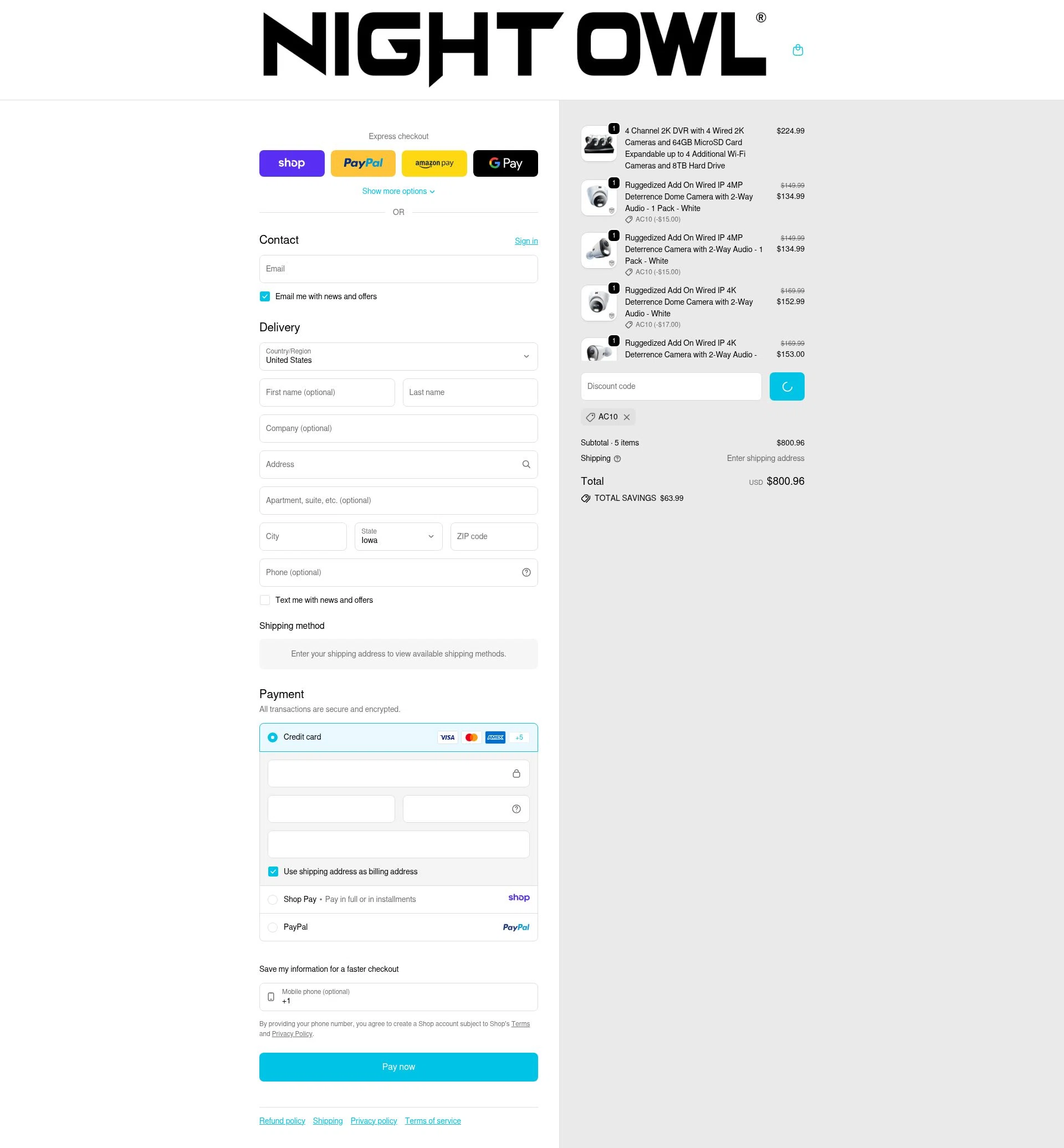 Night Owl checkout page showing Night Owl promo code box | Screenshot taken by SimplyCodes community member on Jan 17, 2026