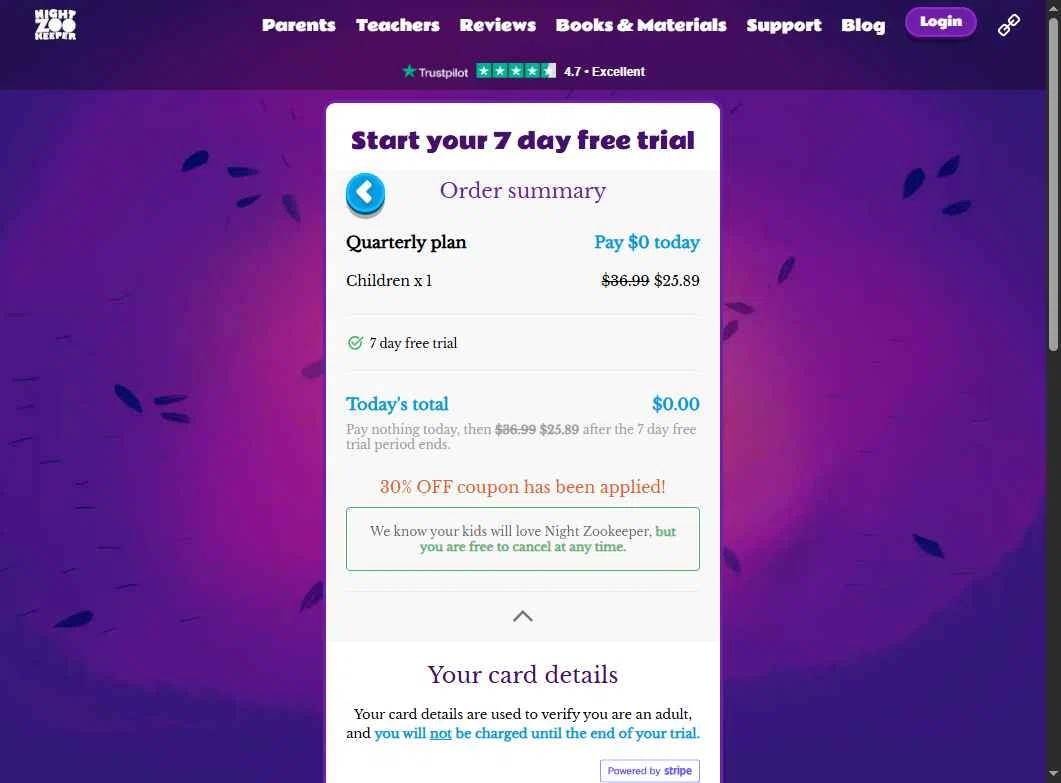 Night Zookeeper checkout page showing Night Zookeeper coupon code box | Screenshot taken by SimplyCodes community member on Jan 23, 2026