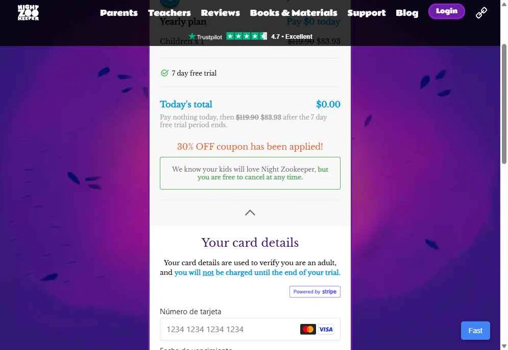 Night Zookeeper checkout page showing Night Zookeeper coupon code box | Screenshot taken by SimplyCodes community member on Jul 16, 2025