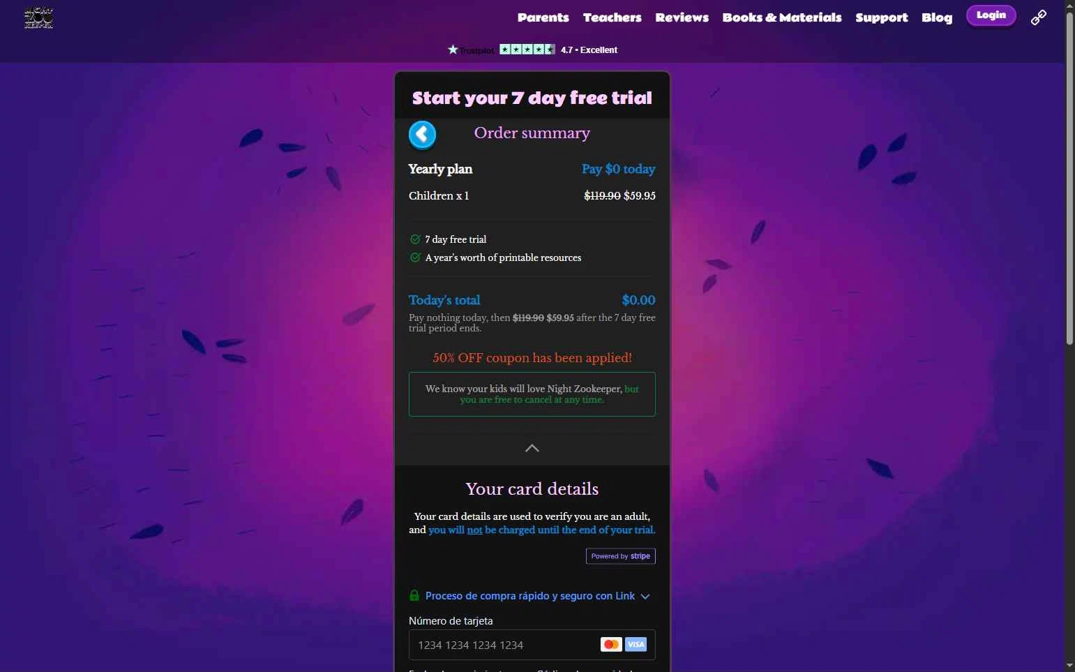 Night Zookeeper checkout page showing Night Zookeeper coupon code box | Screenshot taken by SimplyCodes community member on Jan 31, 2026