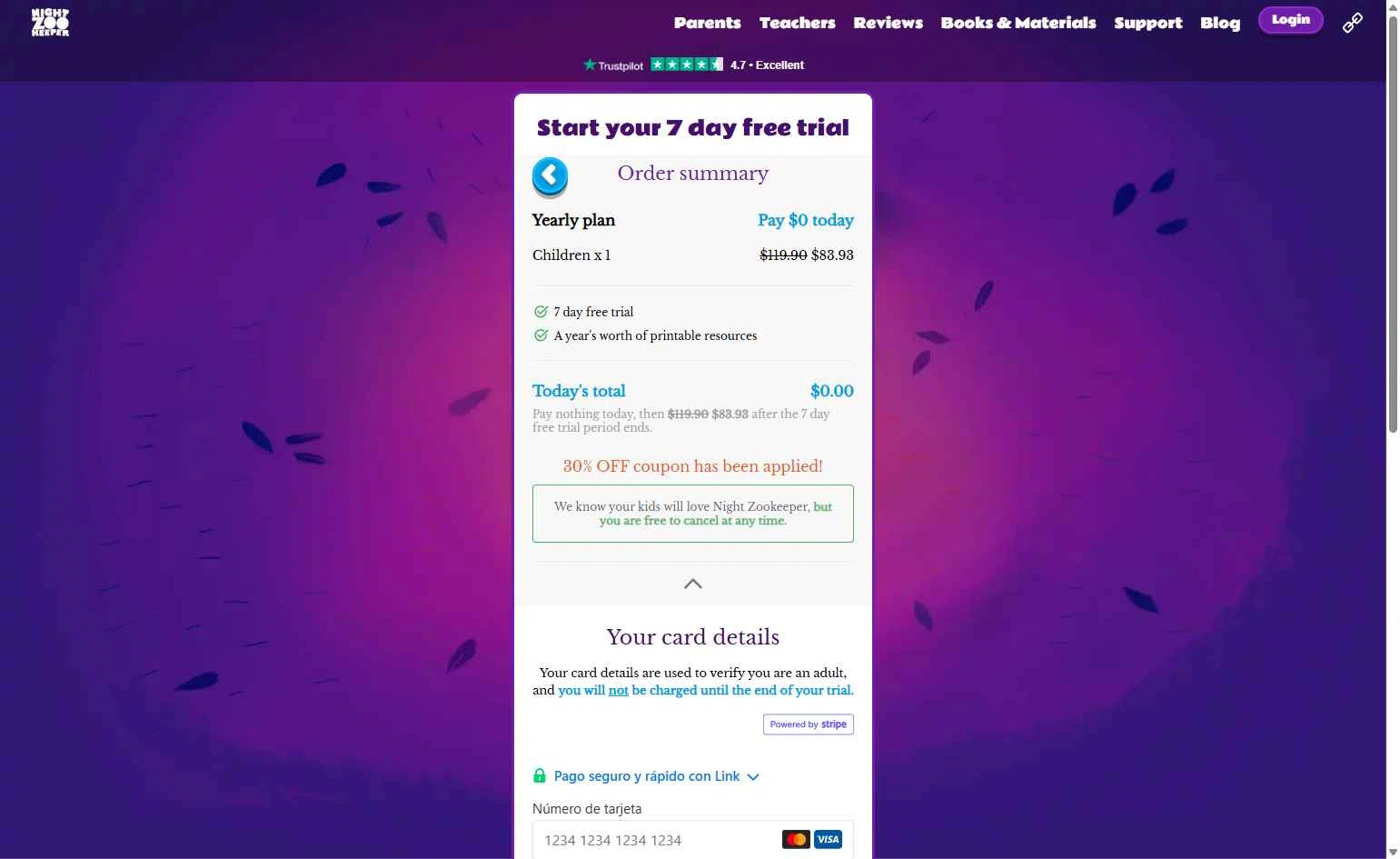 Night Zookeeper checkout page showing Night Zookeeper coupon code box | Screenshot taken by SimplyCodes community member on Oct 28, 2025