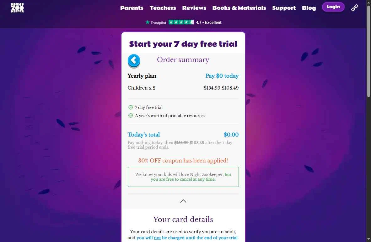 Night Zookeeper checkout page showing Night Zookeeper coupon code box | Screenshot taken by SimplyCodes community member on Sep 29, 2025