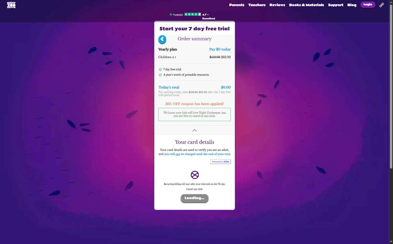 Night Zookeeper checkout page showing Night Zookeeper coupon code box | Screenshot taken by SimplyCodes community member on Nov 26, 2025
