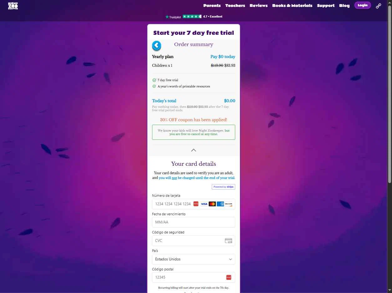 Night Zookeeper checkout page showing Night Zookeeper coupon code box | Screenshot taken by SimplyCodes community member on Aug 7, 2025