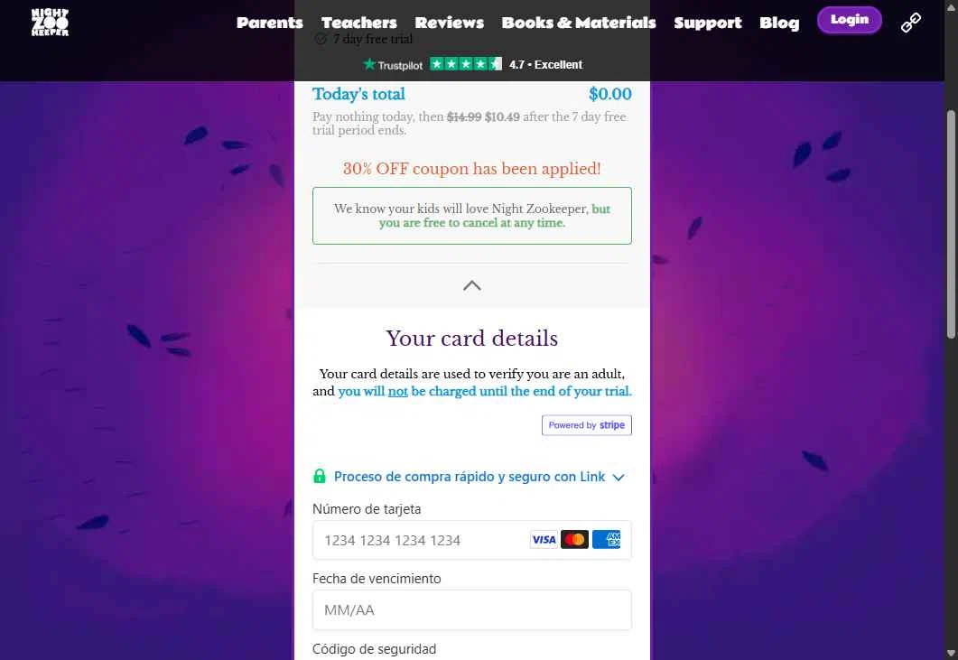 Night Zookeeper checkout page showing Night Zookeeper coupon code box | Screenshot taken by SimplyCodes community member on Sep 1, 2025