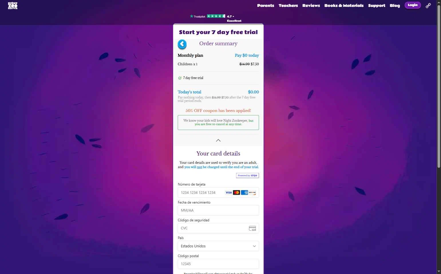 Night Zookeeper checkout page showing Night Zookeeper coupon code box | Screenshot taken by SimplyCodes community member on Jul 14, 2025