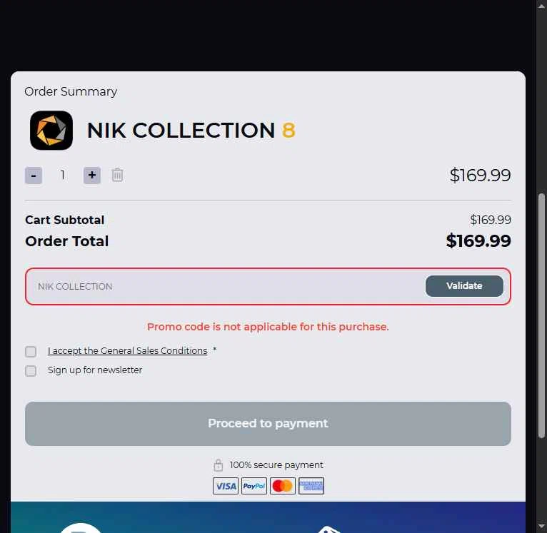 Nik Collection checkout page showing Nik Collection promo code box | Screenshot taken by SimplyCodes community member on Aug 3, 2025