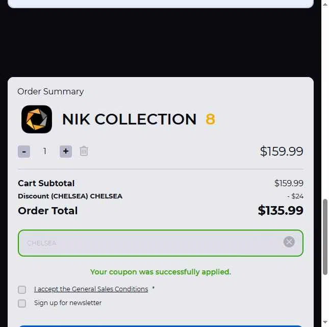 Nik Collection checkout page showing Nik Collection promo code box | Screenshot taken by SimplyCodes community member on Jul 8, 2025