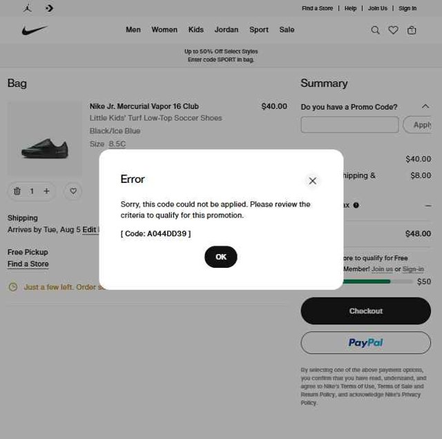 Nike checkout page showing Nike promo code box | Screenshot taken by SimplyCodes community member on Jul 28, 2025