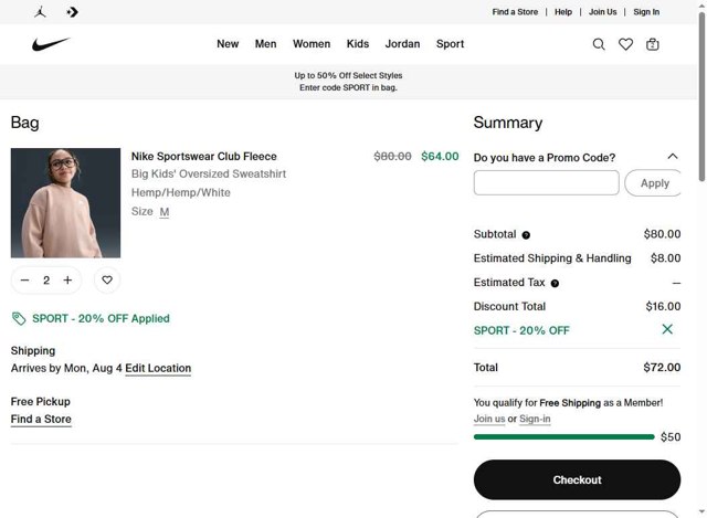 Nike checkout page showing Nike promo code box | Screenshot taken by SimplyCodes community member on Jul 25, 2025