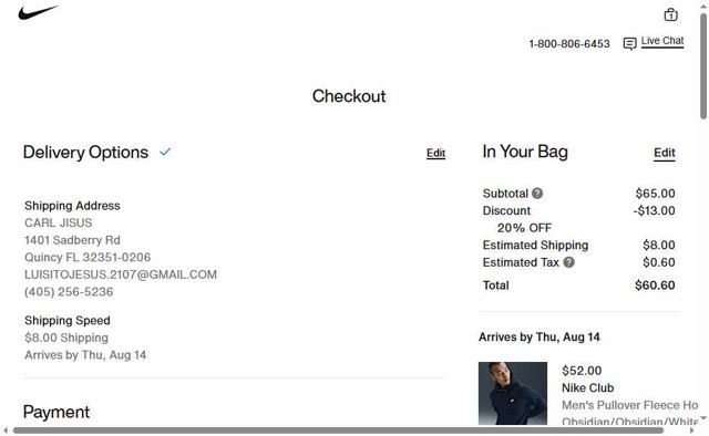 Nike checkout page showing Nike promo code box | Screenshot taken by SimplyCodes community member on Aug 10, 2025