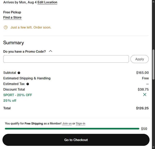 Nike checkout page showing Nike promo code box | Screenshot taken by SimplyCodes community member on Jul 25, 2025