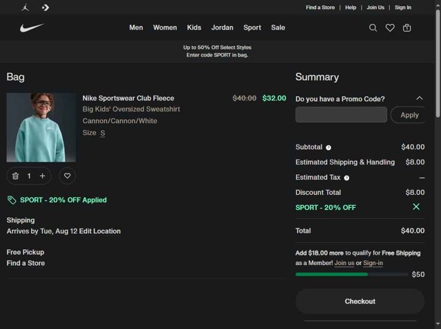 Nike checkout page showing Nike promo code box | Screenshot taken by SimplyCodes community member on Aug 3, 2025