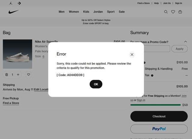 Nike checkout page showing Nike promo code box | Screenshot taken by SimplyCodes community member on Jul 31, 2025