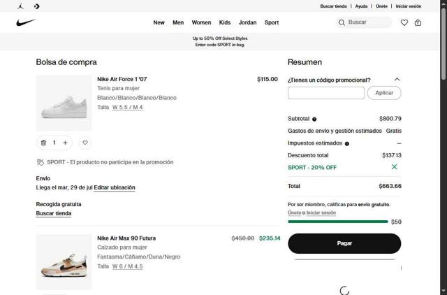Nike Factory Store checkout page showing Nike Factory Store promo code box | Screenshot taken by SimplyCodes community member on Jul 21, 2025
