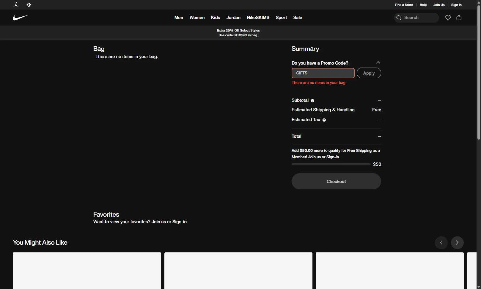 Nike Factory Store checkout page showing Nike Factory Store promo code box | Screenshot taken by SimplyCodes community member on Dec 21, 2025
