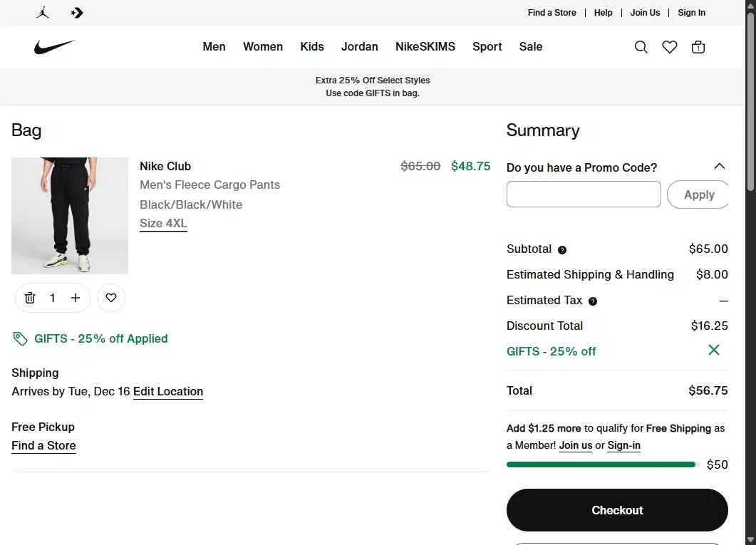 Nike Factory Store checkout page showing Nike Factory Store promo code box | Screenshot taken by SimplyCodes community member on Dec 9, 2025