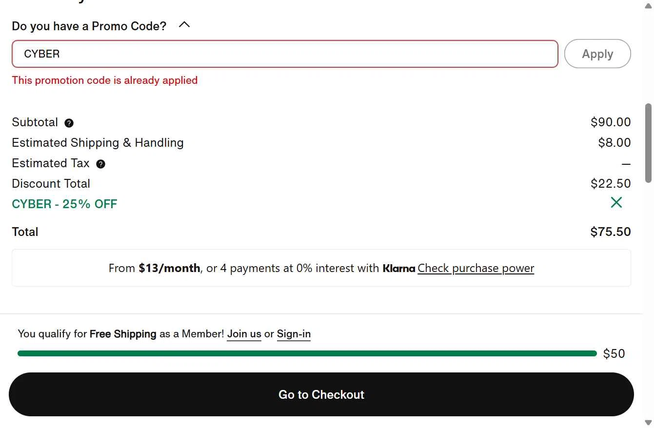 Nike Factory Store checkout page showing Nike Factory Store promo code box | Screenshot taken by SimplyCodes community member on Nov 30, 2025