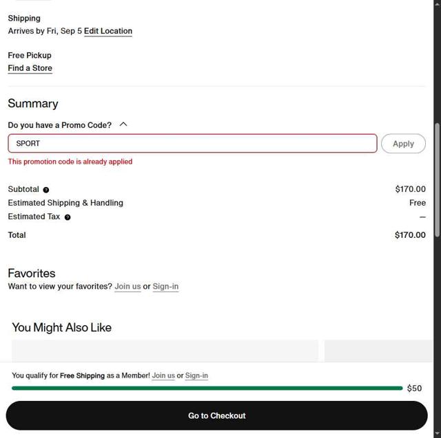 Nike Factory Store checkout page showing Nike Factory Store promo code box | Screenshot taken by SimplyCodes community member on Aug 26, 2025
