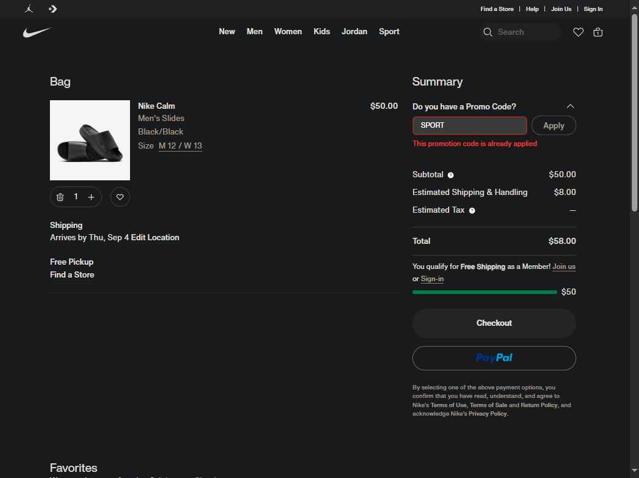 Nike Factory Store checkout page showing Nike Factory Store promo code box | Screenshot taken by SimplyCodes community member on Aug 25, 2025