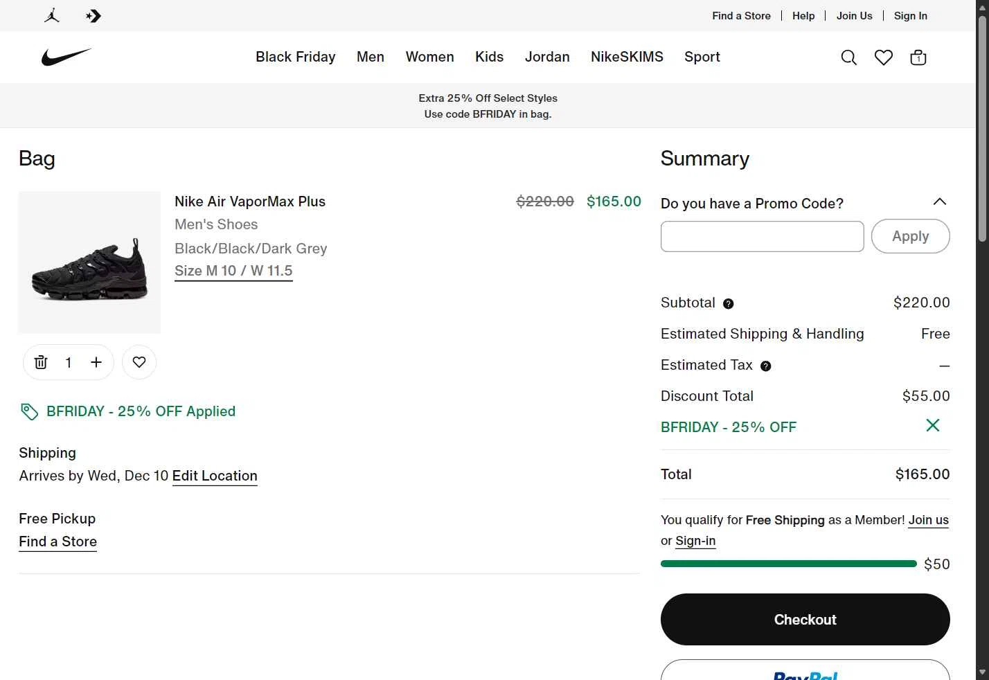 Nike Factory Store checkout page showing Nike Factory Store promo code box | Screenshot taken by SimplyCodes community member on Nov 27, 2025
