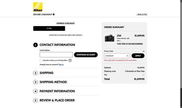 Nikon checkout page showing Nikon promo code box | Screenshot taken by SimplyCodes community member on Jun 10, 2025