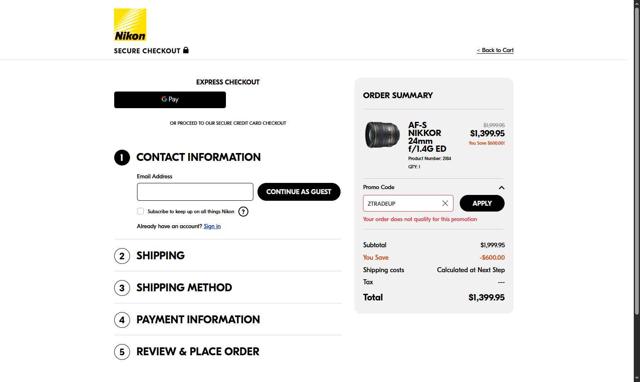 Nikon checkout page showing Nikon promo code box | Screenshot taken by SimplyCodes community member on Aug 30, 2025