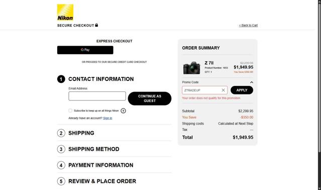 Nikon checkout page showing Nikon promo code box | Screenshot taken by SimplyCodes community member on Jun 24, 2025