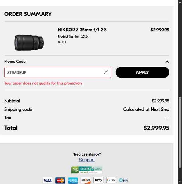 Nikon checkout page showing Nikon promo code box | Screenshot taken by SimplyCodes community member on Jul 7, 2025