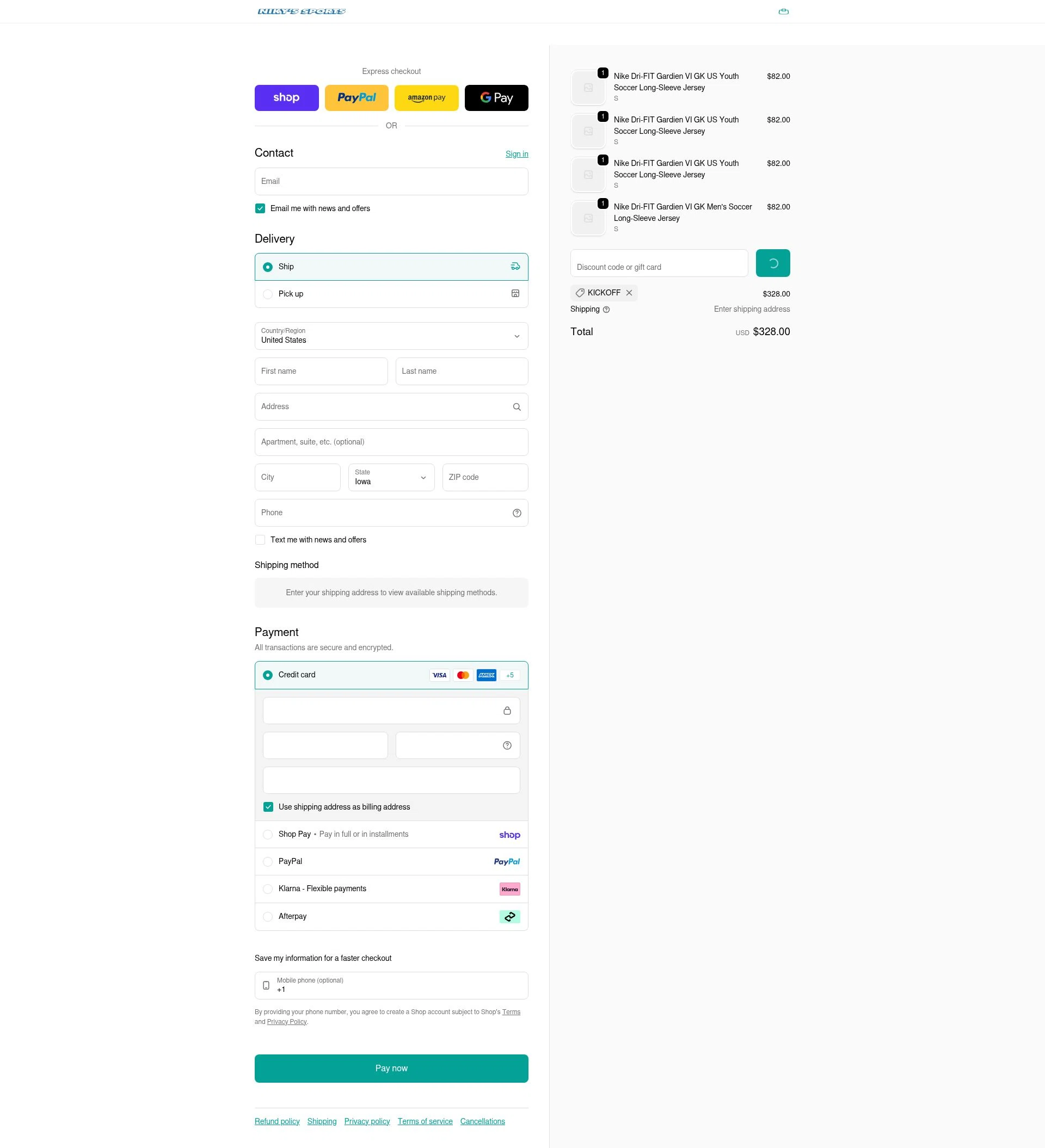 Niky's Sports checkout page showing Niky's Sports discount code box | Screenshot taken by SimplyCodes community member on Feb 9, 2026