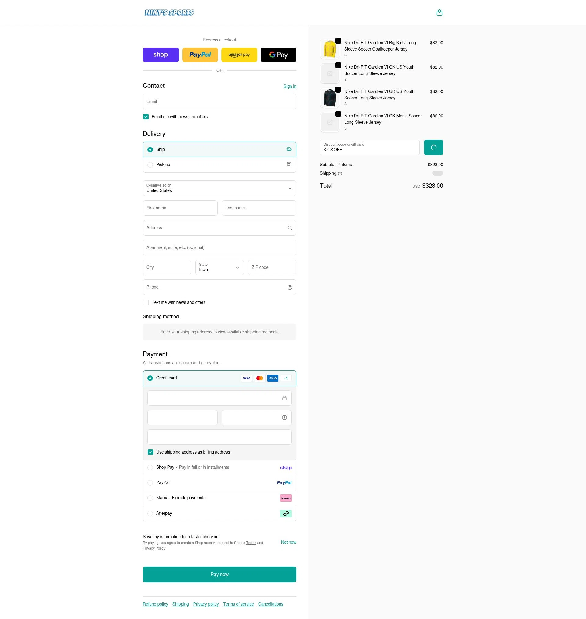Niky's Sports checkout page showing Niky's Sports discount code box | Screenshot taken by SimplyCodes community member on Feb 18, 2026