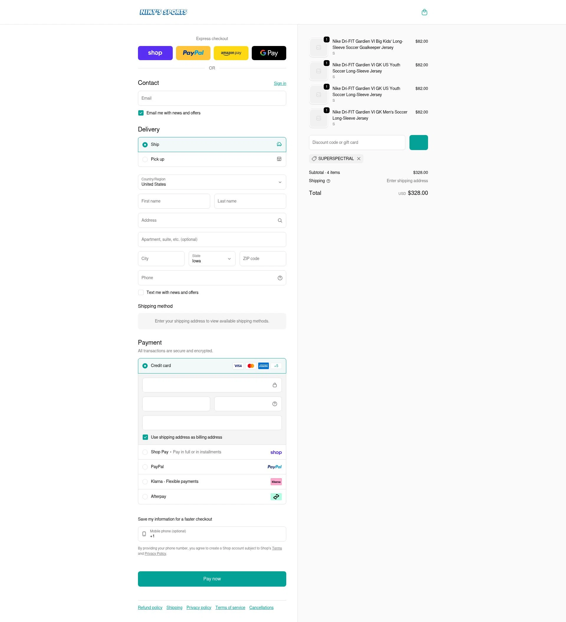 Niky's Sports checkout page showing Niky's Sports discount code box | Screenshot taken by SimplyCodes community member on Feb 13, 2026
