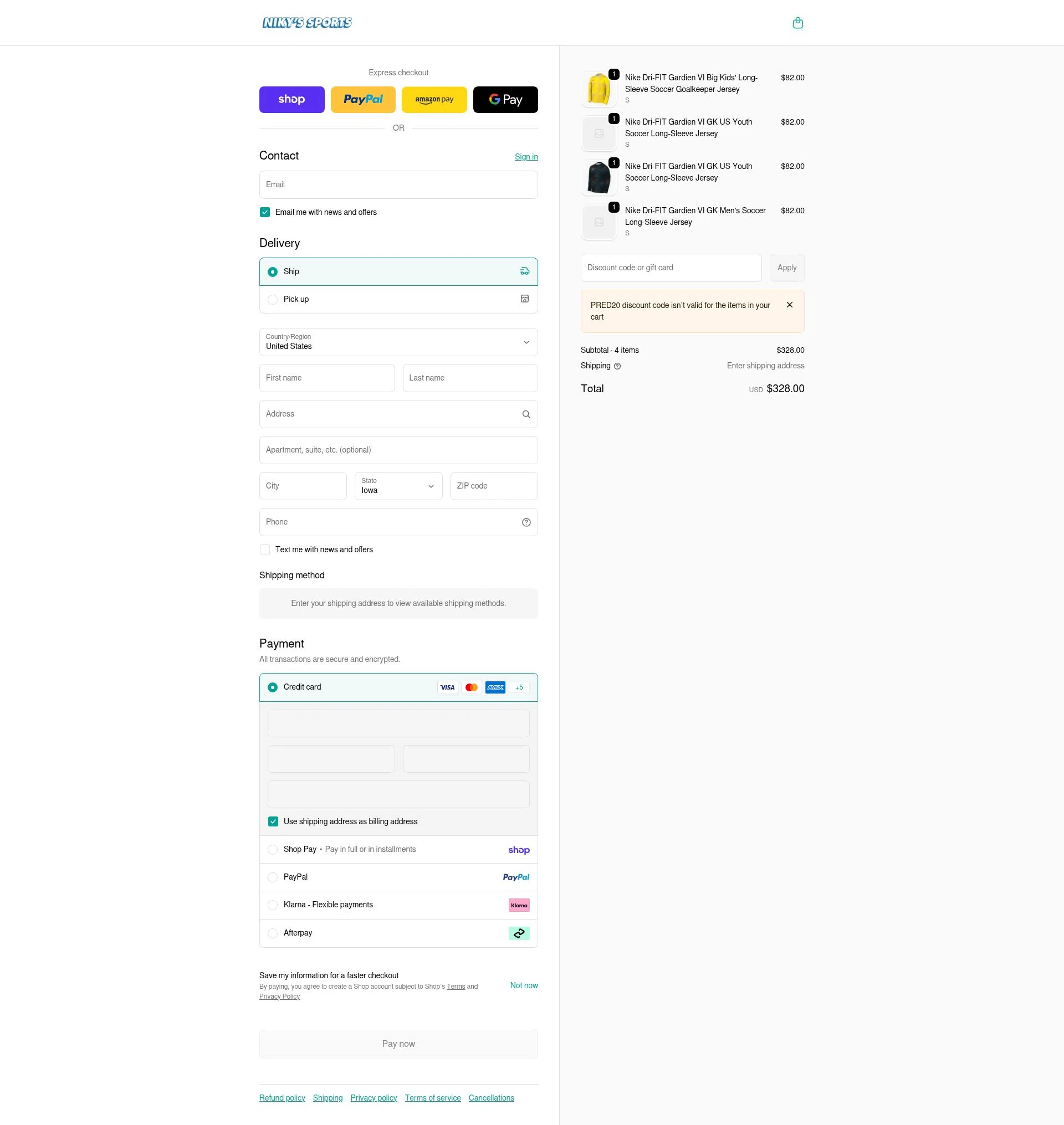 Niky's Sports checkout page showing Niky's Sports discount code box | Screenshot taken by SimplyCodes community member on Feb 18, 2026