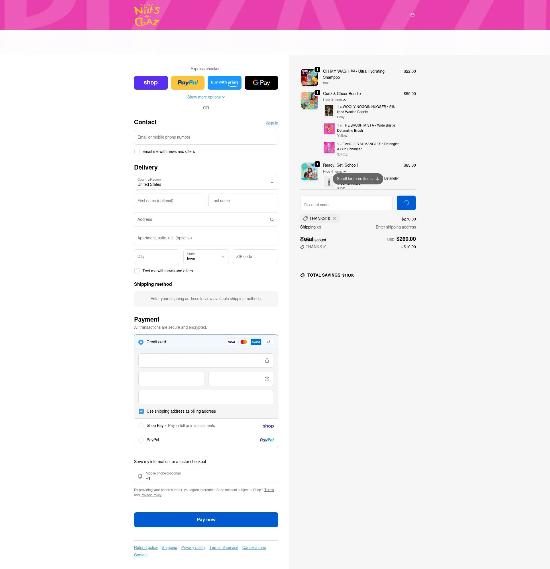 Niles & Chaz Pizzazz! checkout page showing Niles & Chaz Pizzazz! promo code box | Screenshot taken by SimplyCodes community member on Feb 13, 2026