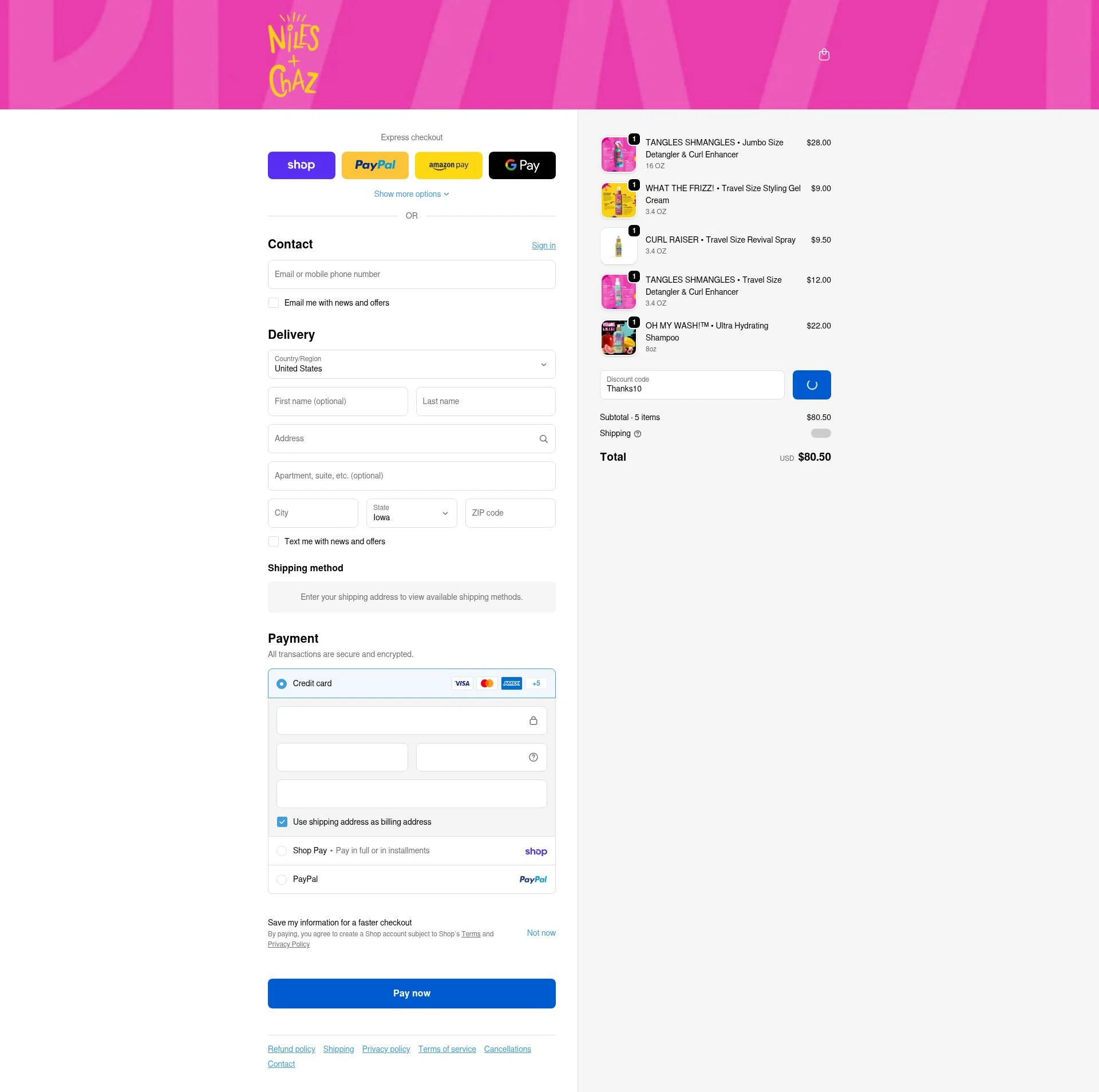 Niles & Chaz Pizzazz! checkout page showing Niles & Chaz Pizzazz! promo code box | Screenshot taken by SimplyCodes community member on Feb 18, 2026