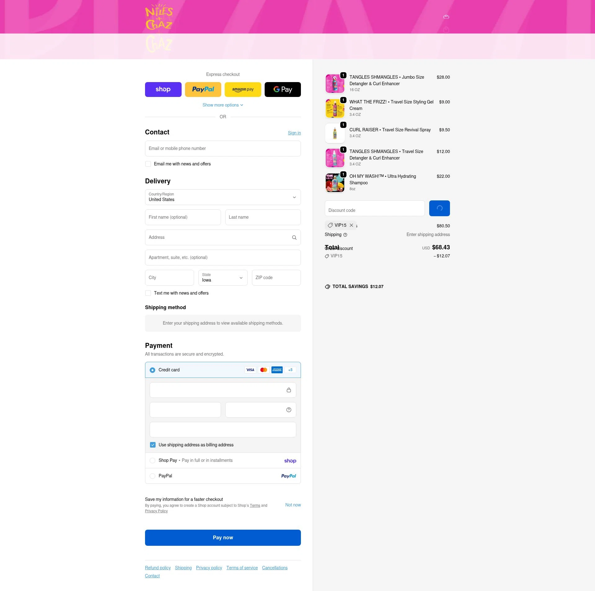 Niles & Chaz Pizzazz! checkout page showing Niles & Chaz Pizzazz! promo code box | Screenshot taken by SimplyCodes community member on Feb 18, 2026