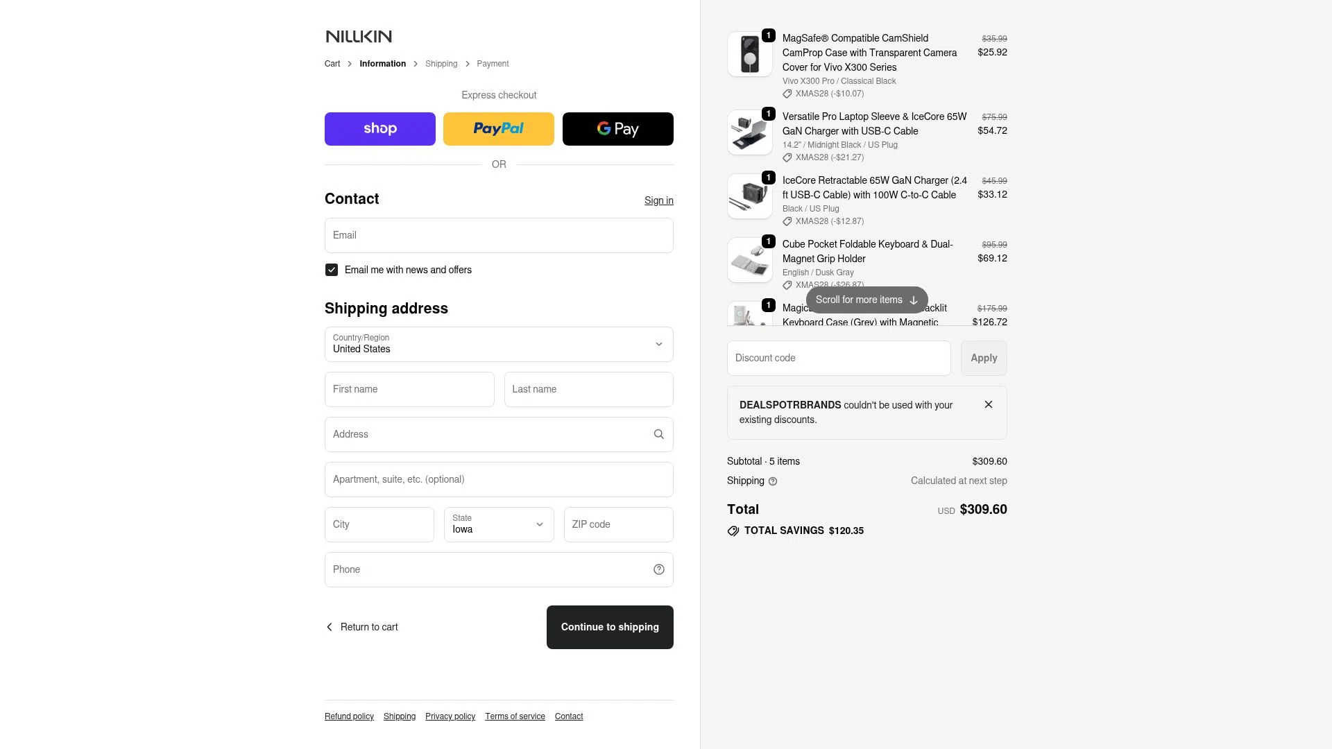 Nillkin checkout page showing Nillkin discount code box | Screenshot taken by SimplyCodes community member on Jan 2, 2026