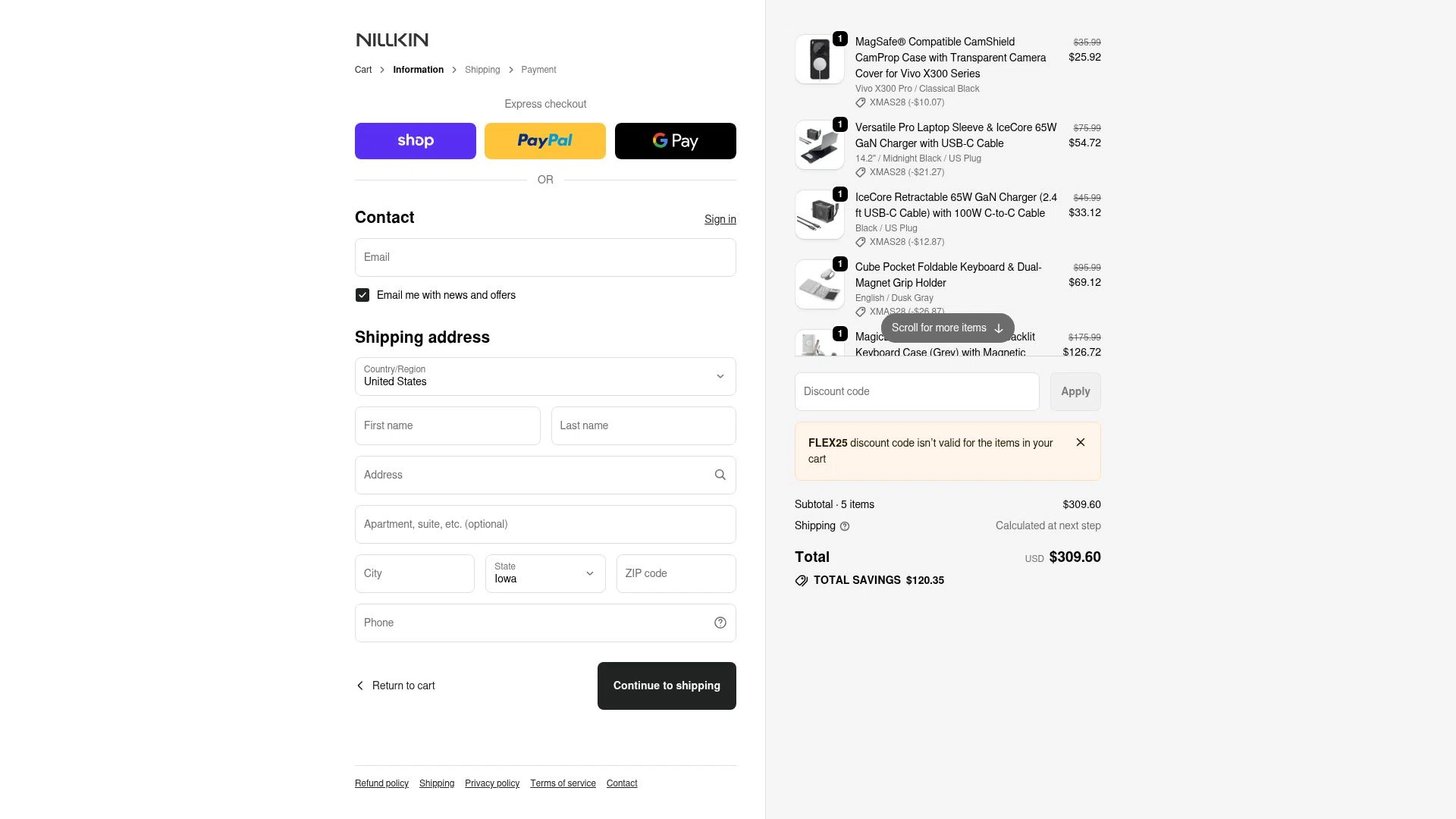 Nillkin checkout page showing Nillkin discount code box | Screenshot taken by SimplyCodes community member on Jan 2, 2026