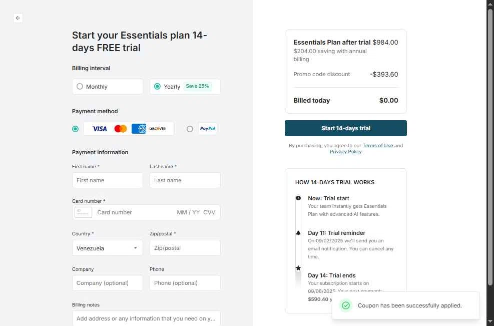 FuseBase checkout page showing FuseBase promo code box | Screenshot taken by SimplyCodes community member on Aug 23, 2025