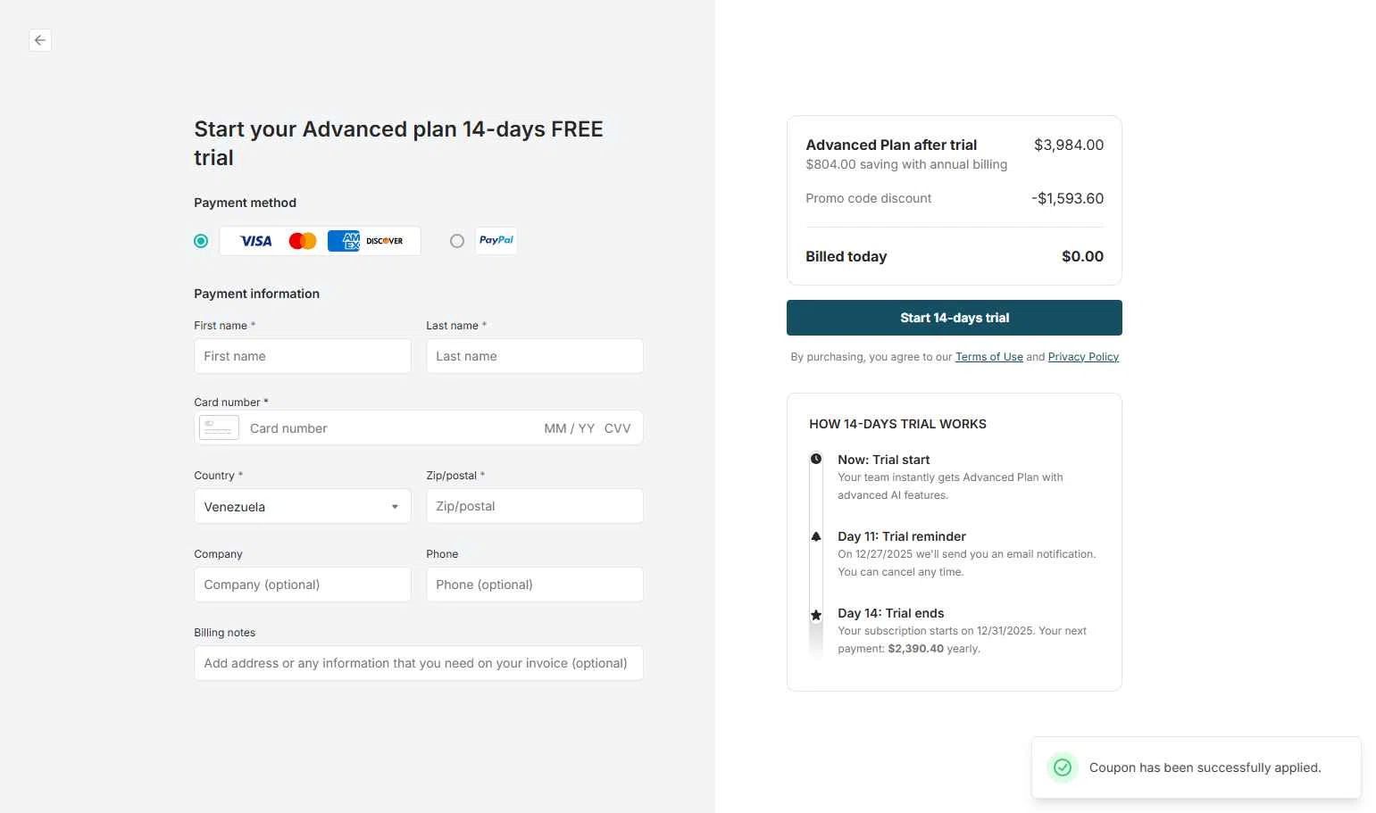 FuseBase checkout page showing FuseBase promo code box | Screenshot taken by SimplyCodes community member on Dec 17, 2025