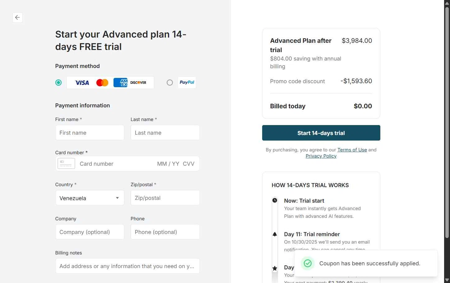 FuseBase checkout page showing FuseBase promo code box | Screenshot taken by SimplyCodes community member on Oct 20, 2025