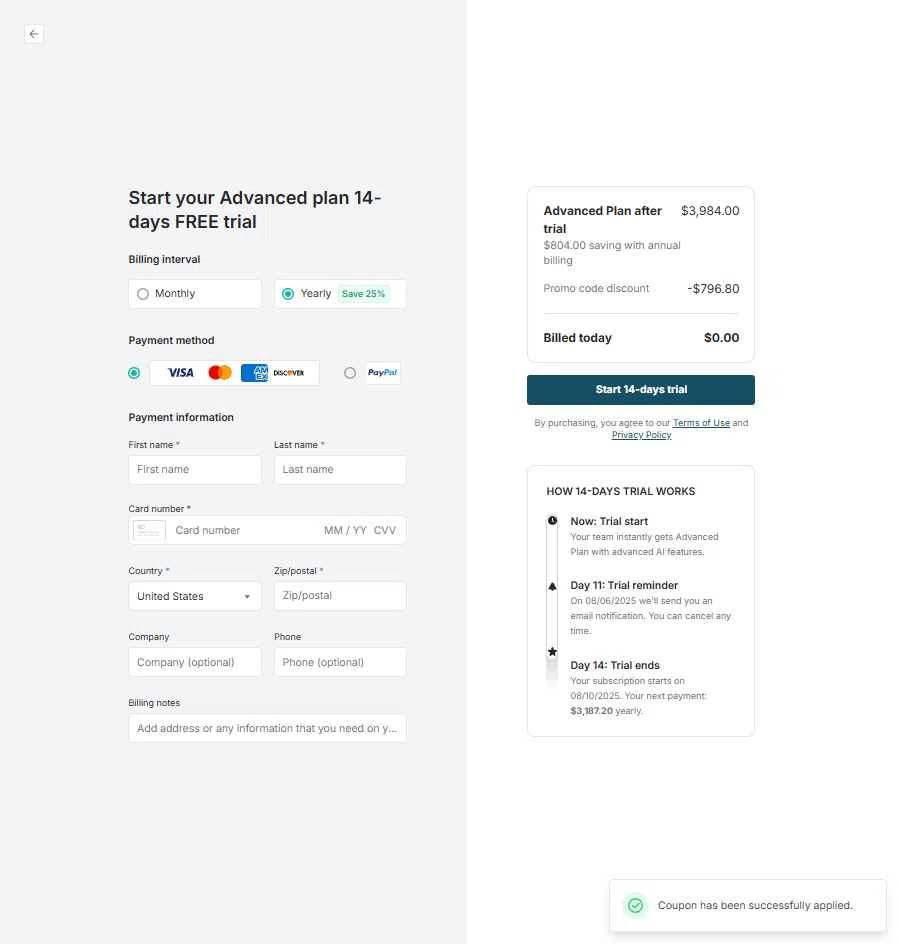 FuseBase checkout page showing FuseBase promo code box | Screenshot taken by SimplyCodes community member on Jul 27, 2025