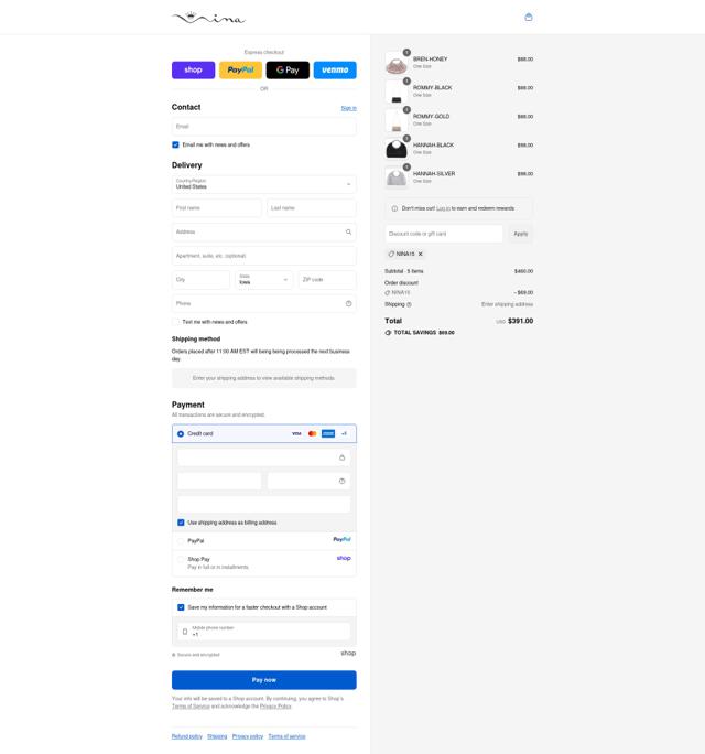 Nina Shoes checkout page showing Nina Shoes discount code box | Screenshot taken by SimplyCodes community member on Sep 14, 2025