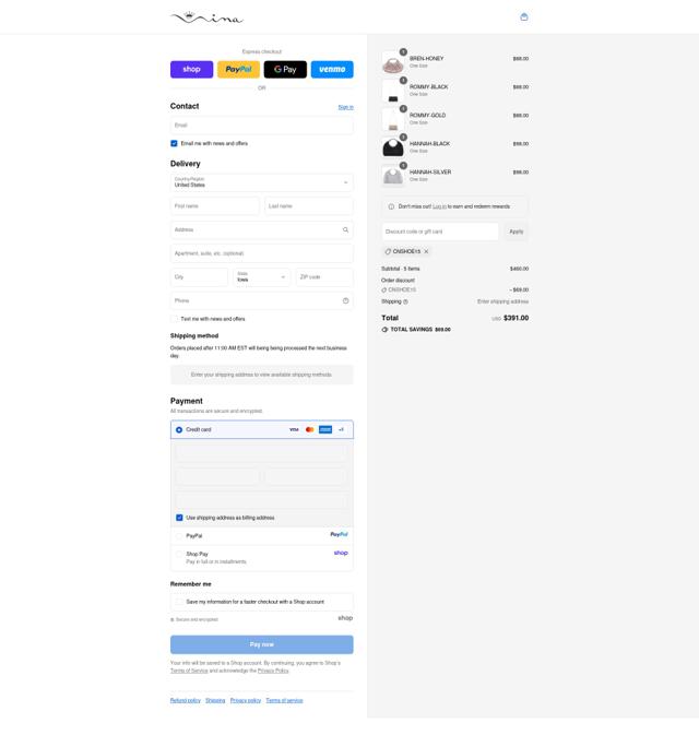 Nina Shoes checkout page showing Nina Shoes discount code box | Screenshot taken by SimplyCodes community member on Sep 14, 2025