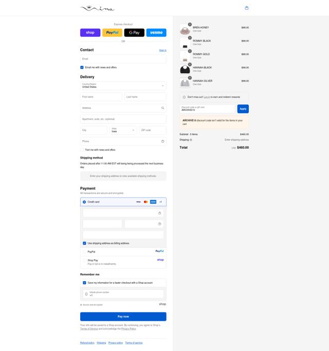 Nina Shoes checkout page showing Nina Shoes discount code box | Screenshot taken by SimplyCodes community member on Sep 14, 2025