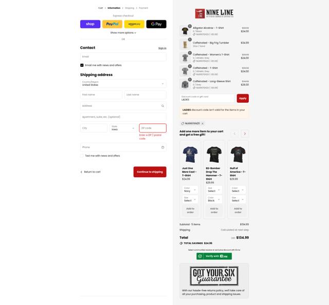 Nine Line Apparel checkout page showing Nine Line Apparel coupon code box | Screenshot taken by SimplyCodes community member on Sep 10, 2025