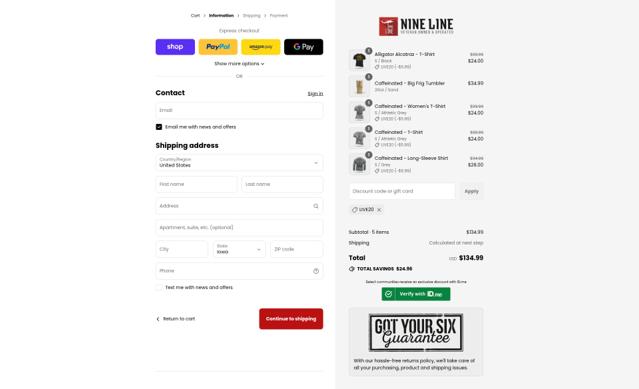 Nine Line Apparel checkout page showing Nine Line Apparel coupon code box | Screenshot taken by SimplyCodes community member on Sep 10, 2025