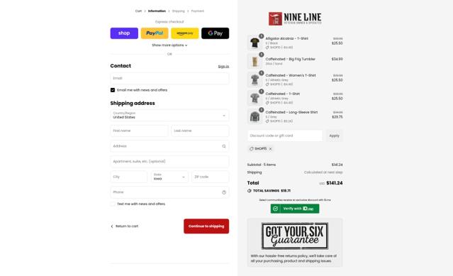 Nine Line Apparel checkout page showing Nine Line Apparel coupon code box | Screenshot taken by SimplyCodes community member on Sep 10, 2025