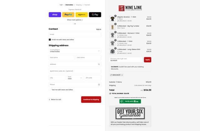 Nine Line Apparel checkout page showing Nine Line Apparel coupon code box | Screenshot taken by SimplyCodes community member on Sep 10, 2025